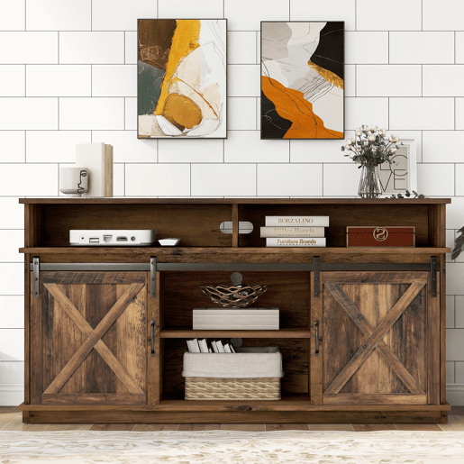 Móvel de TV 148x40x78 cm - 2 portas de correr, prateleiras ajustáveis, estilo rústico - Castanho Móvel de TV 148x40x78 cm - 2 portas de correr, prateleiras ajustáveis, estilo rústico - Castanho