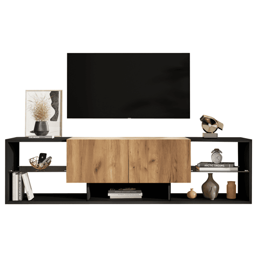 Móvel de TV de 3 níveis para 70 - moderno com prateleiras de vidro e 2 gavetas - Preto+Natural Móvel de TV de 3 níveis para 70 - moderno com prateleiras de vidro e 2 gavetas - Preto+Natural