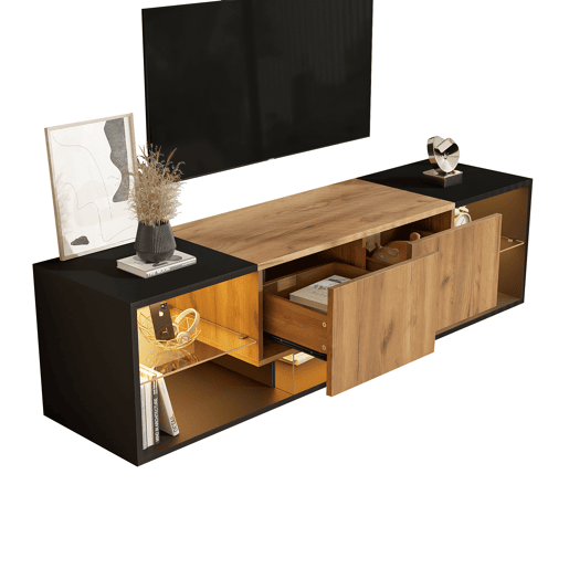 Móvel de TV de 3 níveis para 70 - moderno com prateleiras de vidro e 2 gavetas - Preto+Natural Móvel de TV de 3 níveis para 70 - moderno com prateleiras de vidro e 2 gavetas - Preto+Natural