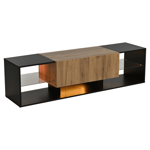 Móvel de TV de 3 níveis para 70 - moderno com prateleiras de vidro e 2 gavetas - Preto+Natural Móvel de TV de 3 níveis para 70 - moderno com prateleiras de vidro e 2 gavetas - Preto+Natural