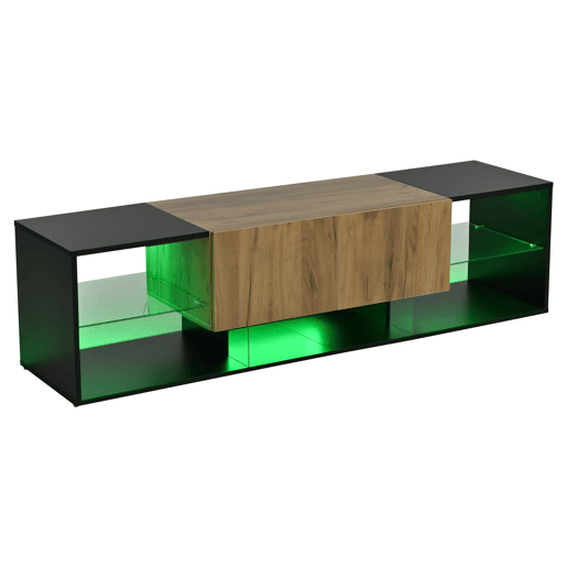Móvel de TV de 3 níveis para 70 - moderno com prateleiras de vidro e 2 gavetas - Preto+Natural Móvel de TV de 3 níveis para 70 - moderno com prateleiras de vidro e 2 gavetas - Preto+Natural