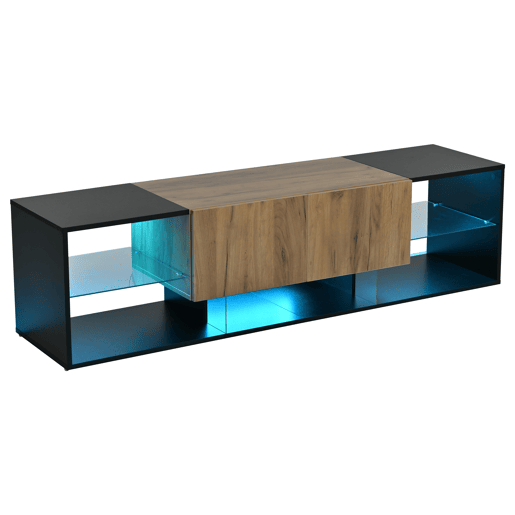 Móvel de TV de 3 níveis para 70 - moderno com prateleiras de vidro e 2 gavetas - Preto+Natural Móvel de TV de 3 níveis para 70 - moderno com prateleiras de vidro e 2 gavetas - Preto+Natural