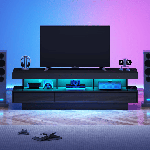 Armário TV com LED 160 cm - 3 compartimentos de vidro - Controlado por APP - Adequado para TV de 70u201D - Preto