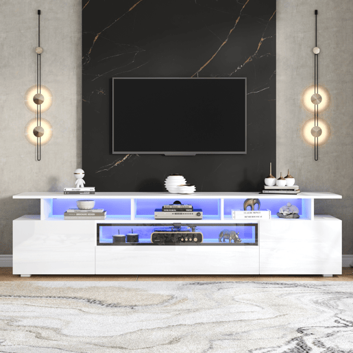 Móvel de TV 180x38x45 cm - Estante de TV com 2 armários e 1 gaveta, com LED e 10 compartimentos - Branco Móvel de TV 180x38x45 cm - Estante de TV com 2 armários e 1 gaveta, com LED e 10 compartimentos - Branco