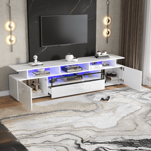 Móvel de TV 180x38x45 cm - Estante de TV com 2 armários e 1 gaveta, com LED e 10 compartimentos - Branco Móvel de TV 180x38x45 cm - Estante de TV com 2 armários e 1 gaveta, com LED e 10 compartimentos - Branco