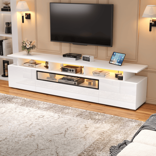 Móvel de TV 180x38x45 cm - Estante de TV com 2 armários e 1 gaveta, com LED e 10 compartimentos - Branco Móvel de TV 180x38x45 cm - Estante de TV com 2 armários e 1 gaveta, com LED e 10 compartimentos - Branco