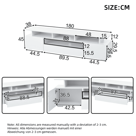 Móvel de TV 180x38x45 cm - Estante de TV com 2 armários e 1 gaveta, com LED e 10 compartimentos - Branco Móvel de TV 180x38x45 cm - Estante de TV com 2 armários e 1 gaveta, com LED e 10 compartimentos - Branco