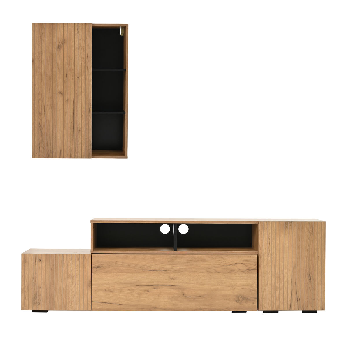 conjunto mueble tv 265 cm - set completo estanteria de pie y colgante tv hasta 120 - color roble