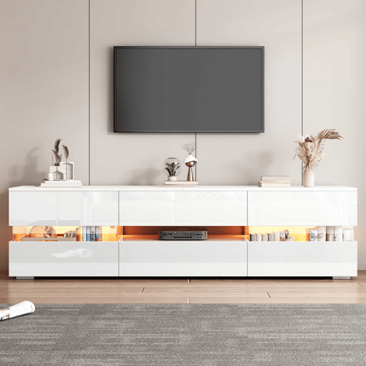 Móvel de TV moderno 160x39x45 cm - Com iluminação LED, 2 portas, 1 gaveta, prateleira aberta, adequado para TV de 70 polegadas - Branco Móvel de TV moderno 160x39x45 cm - Com iluminação LED, 2 portas, 1 gaveta, prateleira aberta, adequado para TV de 70 polegadas - Branco