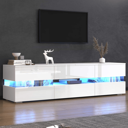 Móvel de TV moderno 160x39x45 cm - Com iluminação LED, 2 portas, 1 gaveta, prateleira aberta, adequado para TV de 70 polegadas - Branco Móvel de TV moderno 160x39x45 cm - Com iluminação LED, 2 portas, 1 gaveta, prateleira aberta, adequado para TV de 70 polegadas - Branco