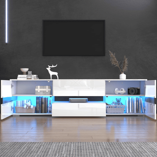 Móvel de TV moderno 160x39x45 cm - Com iluminação LED, 2 portas, 1 gaveta, prateleira aberta, adequado para TV de 70 polegadas - Branco Móvel de TV moderno 160x39x45 cm - Com iluminação LED, 2 portas, 1 gaveta, prateleira aberta, adequado para TV de 70 polegadas - Branco
