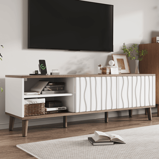 Móvel para TV LED 160x40x52 cm - com arrumação, porta de correr, para TVs até 70, estilo moderno para sala de estar e quarto - branco e nogueira escura Móvel para TV LED 160x40x52 cm - com arrumação, porta de correr, para TVs até 70, estilo moderno para sala de estar e quarto - branco e nogueira escura