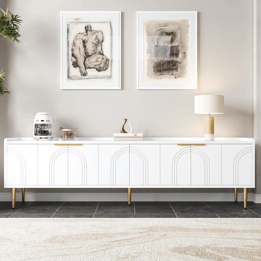 Móvel de TV 170x35x47,5 cm - Lowboard com porta estruturada, puxadores e pés dourados - Branco Móvel de TV 170x35x47,5 cm - Lowboard com porta estruturada, puxadores e pés dourados - Branco