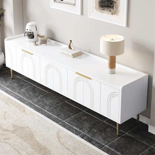 Móvel de TV 170x35x47,5 cm - Lowboard com porta estruturada, puxadores e pés dourados - Branco Móvel de TV 170x35x47,5 cm - Lowboard com porta estruturada, puxadores e pés dourados - Branco