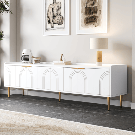 Móvel de TV 170x35x47,5 cm - Lowboard com porta estruturada, puxadores e pés dourados - Branco Móvel de TV 170x35x47,5 cm - Lowboard com porta estruturada, puxadores e pés dourados - Branco