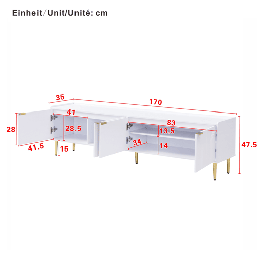 Móvel de TV 170x35x47,5 cm - Lowboard com porta estruturada, puxadores e pés dourados - Branco Móvel de TV 170x35x47,5 cm - Lowboard com porta estruturada, puxadores e pés dourados - Branco