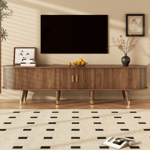 Móvel de TV 175 cm - Porta deslizante em rattan, design em imitação de nogueira, com arrumação - Nogueira Móvel de TV 175 cm - Porta deslizante em rattan, design em imitação de nogueira, com arrumação - Nogueira