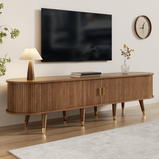 Móvel de TV 175 cm - Porta deslizante em rattan, design em imitação de nogueira, com arrumação - Nogueira Móvel de TV 175 cm - Porta deslizante em rattan, design em imitação de nogueira, com arrumação - Nogueira