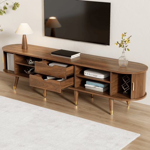 Móvel de TV 175 cm - Porta deslizante em rattan, design em imitação de nogueira, com arrumação - Nogueira Móvel de TV 175 cm - Porta deslizante em rattan, design em imitação de nogueira, com arrumação - Nogueira