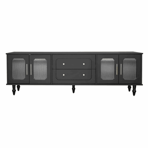Móvel moderno para televisão - com portas de rotim e 2 gavetas - pés metálicos - Preto Móvel moderno para televisão - com portas de rotim e 2 gavetas - pés metálicos - Preto