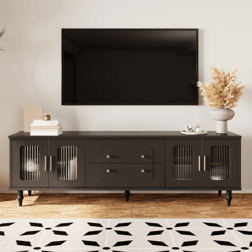 Móvel moderno para televisão - com portas de rotim e 2 gavetas - pés metálicos - Preto Móvel moderno para televisão - com portas de rotim e 2 gavetas - pés metálicos - Preto