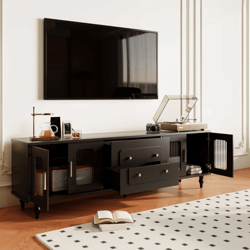 Móvel moderno para televisão - com portas de rotim e 2 gavetas - pés metálicos - Preto Móvel moderno para televisão - com portas de rotim e 2 gavetas - pés metálicos - Preto