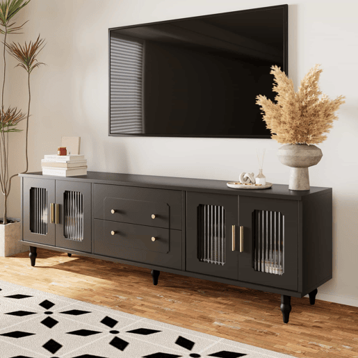 Móvel moderno para televisão - com portas de rotim e 2 gavetas - pés metálicos - Preto Móvel moderno para televisão - com portas de rotim e 2 gavetas - pés metálicos - Preto