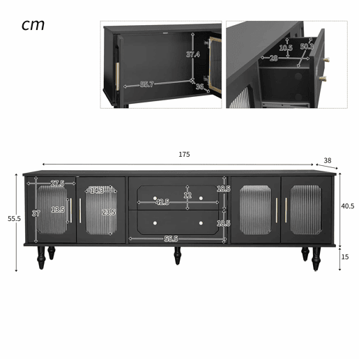 Móvel moderno para televisão - com portas de rotim e 2 gavetas - pés metálicos - Preto Móvel moderno para televisão - com portas de rotim e 2 gavetas - pés metálicos - Preto