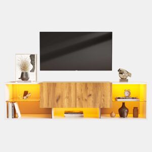 Móvel de TV de 3 níveis para TVs até 70 - Centro de entretenimento moderno com prateleiras de vidro e 2 gavetas - Madeira natural de carvalho + branco antigo