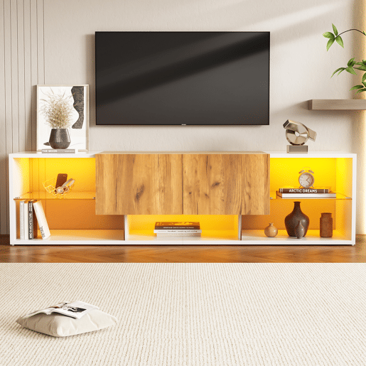 Móvel de TV de 3 níveis para TVs até 70 - Centro de entretenimento moderno com prateleiras de vidro e 2 gavetas - Madeira natural de carvalho + branco antigo Móvel de TV de 3 níveis para TVs até 70 - Centro de entretenimento moderno com prateleiras de vidro e 2 gavetas - Madeira natural de carvalho + branco antigo