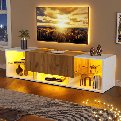 Móvel de TV de 3 níveis para TVs até 70 - Centro de entretenimento moderno com prateleiras de vidro e 2 gavetas - Madeira natural de carvalho + branco antigo Móvel de TV de 3 níveis para TVs até 70 - Centro de entretenimento moderno com prateleiras de vidro e 2 gavetas - Madeira natural de carvalho + branco antigo