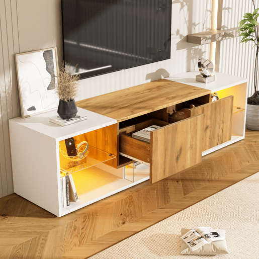 Móvel de TV de 3 níveis para TVs até 70 - Centro de entretenimento moderno com prateleiras de vidro e 2 gavetas - Madeira natural de carvalho + branco antigo Móvel de TV de 3 níveis para TVs até 70 - Centro de entretenimento moderno com prateleiras de vidro e 2 gavetas - Madeira natural de carvalho + branco antigo