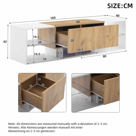 Móvel de TV de 3 níveis para TVs até 70 - Centro de entretenimento moderno com prateleiras de vidro e 2 gavetas - Madeira natural de carvalho + branco antigo Móvel de TV de 3 níveis para TVs até 70 - Centro de entretenimento moderno com prateleiras de vidro e 2 gavetas - Madeira natural de carvalho + branco antigo
