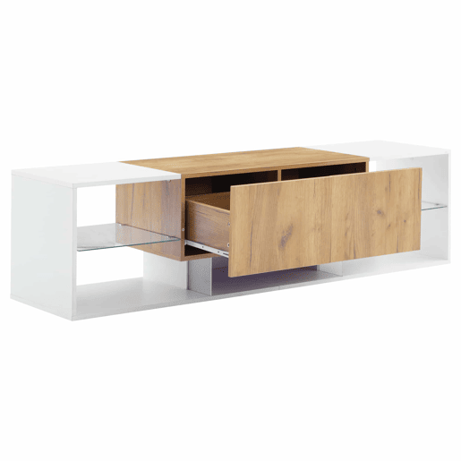 Móvel de TV de 3 níveis para TVs até 70 - Centro de entretenimento moderno com prateleiras de vidro e 2 gavetas - Madeira natural de carvalho + branco antigo Móvel de TV de 3 níveis para TVs até 70 - Centro de entretenimento moderno com prateleiras de vidro e 2 gavetas - Madeira natural de carvalho + branco antigo