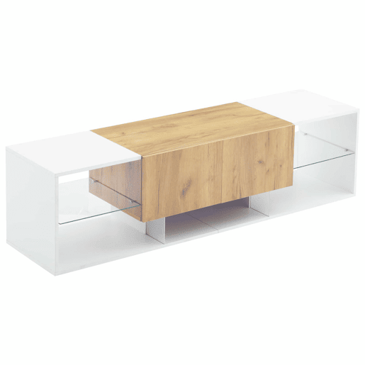 Móvel de TV de 3 níveis para TVs até 70 - Centro de entretenimento moderno com prateleiras de vidro e 2 gavetas - Madeira natural de carvalho + branco antigo Móvel de TV de 3 níveis para TVs até 70 - Centro de entretenimento moderno com prateleiras de vidro e 2 gavetas - Madeira natural de carvalho + branco antigo