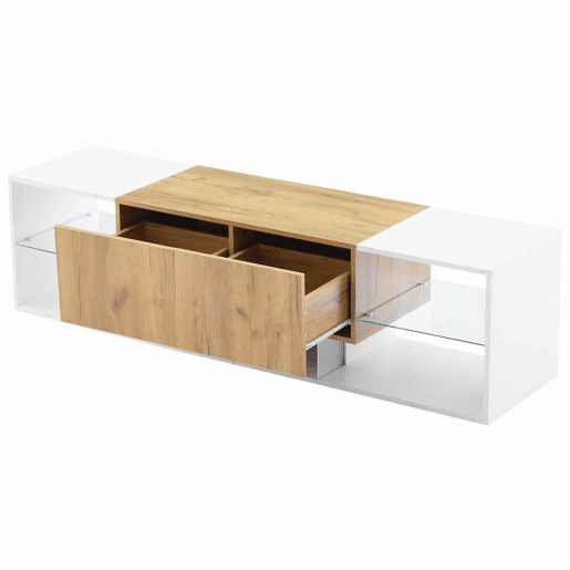 Móvel de TV de 3 níveis para TVs até 70 - Centro de entretenimento moderno com prateleiras de vidro e 2 gavetas - Madeira natural de carvalho + branco antigo Móvel de TV de 3 níveis para TVs até 70 - Centro de entretenimento moderno com prateleiras de vidro e 2 gavetas - Madeira natural de carvalho + branco antigo
