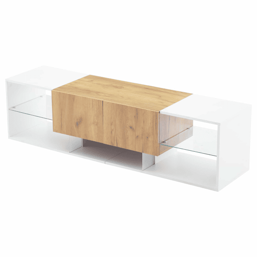 Móvel de TV de 3 níveis para TVs até 70 - Centro de entretenimento moderno com prateleiras de vidro e 2 gavetas - Madeira natural de carvalho + branco antigo Móvel de TV de 3 níveis para TVs até 70 - Centro de entretenimento moderno com prateleiras de vidro e 2 gavetas - Madeira natural de carvalho + branco antigo