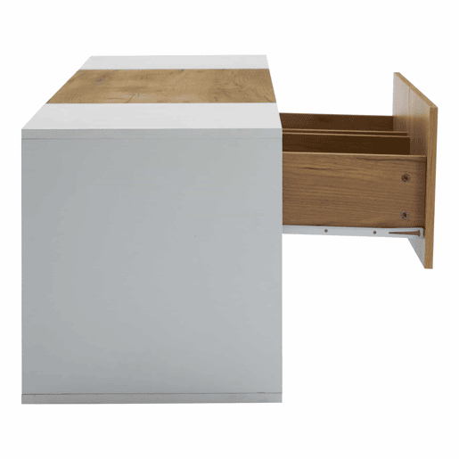 Móvel de TV de 3 níveis para TVs até 70 - Centro de entretenimento moderno com prateleiras de vidro e 2 gavetas - Madeira natural de carvalho + branco antigo Móvel de TV de 3 níveis para TVs até 70 - Centro de entretenimento moderno com prateleiras de vidro e 2 gavetas - Madeira natural de carvalho + branco antigo