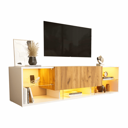 Móvel de TV de 3 níveis para TVs até 70 - Centro de entretenimento moderno com prateleiras de vidro e 2 gavetas - Madeira natural de carvalho + branco antigo Móvel de TV de 3 níveis para TVs até 70 - Centro de entretenimento moderno com prateleiras de vidro e 2 gavetas - Madeira natural de carvalho + branco antigo