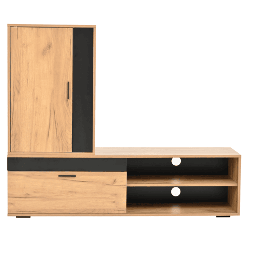 Móvel para TV 140x35x39 cm - Conjunto completo de 3 peças, TV-Board, estante e prateleira de parede - Cor madeira + preto Móvel para TV 140x35x39 cm - Conjunto completo de 3 peças, TV-Board, estante e prateleira de parede - Cor madeira + preto