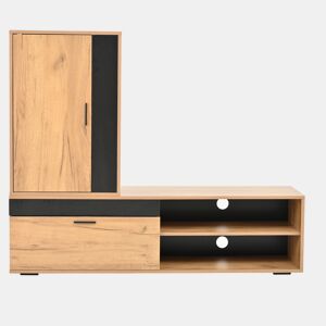 Móvel para TV 140x35x39 cm - Conjunto completo de 3 peças, TV-Board, estante e prateleira de parede - Cor madeira + preto