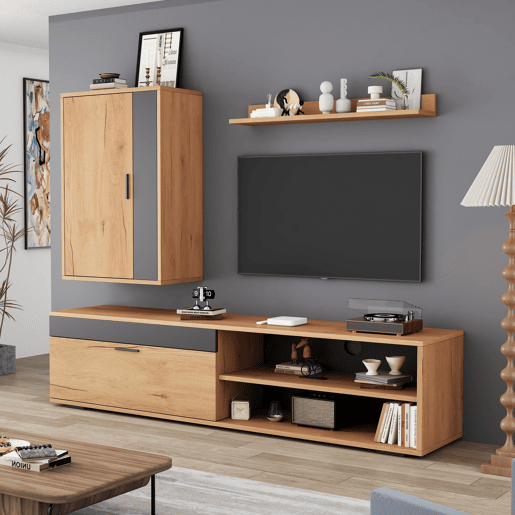 Móvel para TV 140x35x39 cm - Conjunto completo de 3 peças, TV-Board, estante e prateleira de parede - Cor madeira + preto Móvel para TV 140x35x39 cm - Conjunto completo de 3 peças, TV-Board, estante e prateleira de parede - Cor madeira + preto