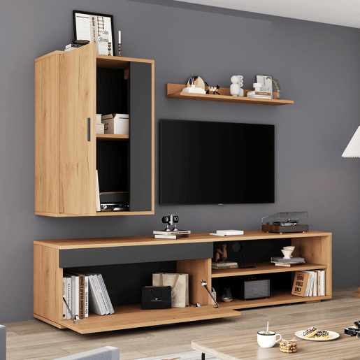 Móvel para TV 140x35x39 cm - Conjunto completo de 3 peças, TV-Board, estante e prateleira de parede - Cor madeira + preto Móvel para TV 140x35x39 cm - Conjunto completo de 3 peças, TV-Board, estante e prateleira de parede - Cor madeira + preto