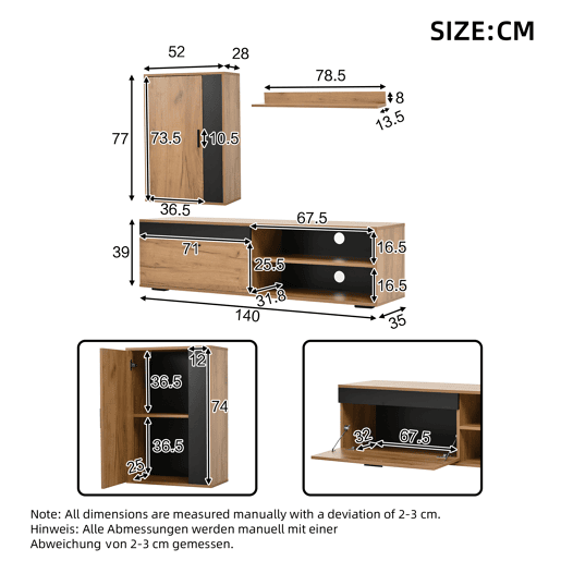Móvel para TV 140x35x39 cm - Conjunto completo de 3 peças, TV-Board, estante e prateleira de parede - Cor madeira + preto Móvel para TV 140x35x39 cm - Conjunto completo de 3 peças, TV-Board, estante e prateleira de parede - Cor madeira + preto
