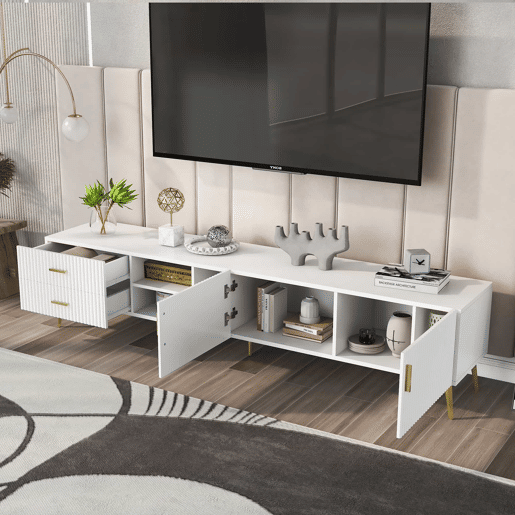 Móvel TV escandinavo contemporâneo de 180 cm para TV de 75u201D - 2 gavetas e 3 compartimentos - branco