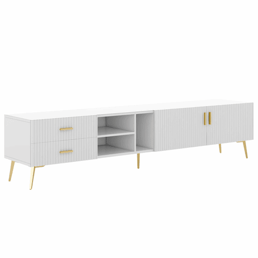 Móvel TV escandinavo contemporâneo de 180 cm para TV de 75u201D - 2 gavetas e 3 compartimentos - branco