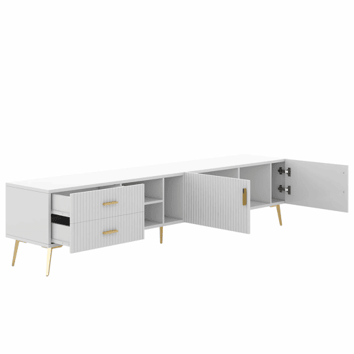 Móvel TV escandinavo contemporâneo de 180 cm para TV de 75u201D - 2 gavetas e 3 compartimentos - branco