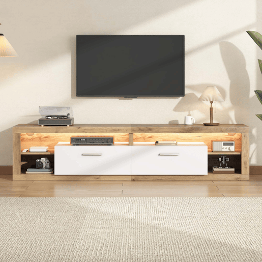 Móvel para TV 180 x 35,5 x 50 cm - Controlo LED por aplicação, 2 gavetas, 4 compartimentos abertos, aglomerado de madeira, 30 kg, 75 polegadas - natural e branco
