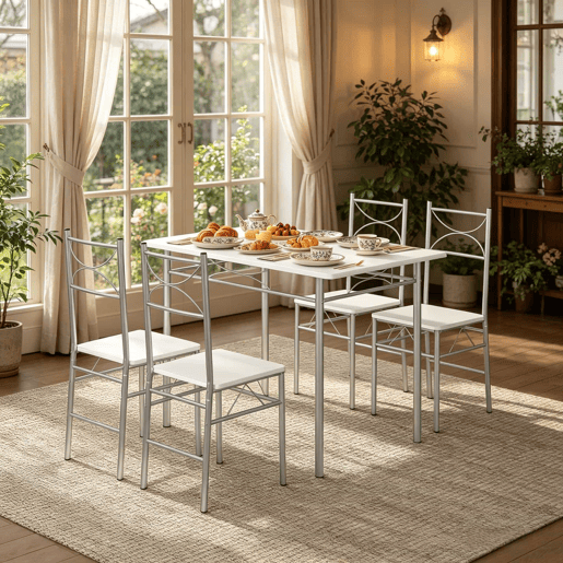 Conjunto de sala de jantar 70 x 110 x 76 cm - Mesa e cadeiras de design moderno para sala de jantar e varanda - Prateado e branco Conjunto de sala de jantar 70 x 110 x 76 cm - Mesa e cadeiras de design moderno para sala de jantar e varanda - Prateado e branco