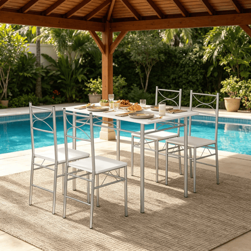 Conjunto de sala de jantar 70 x 110 x 76 cm - Mesa e cadeiras de design moderno para sala de jantar e varanda - Prateado e branco Conjunto de sala de jantar 70 x 110 x 76 cm - Mesa e cadeiras de design moderno para sala de jantar e varanda - Prateado e branco